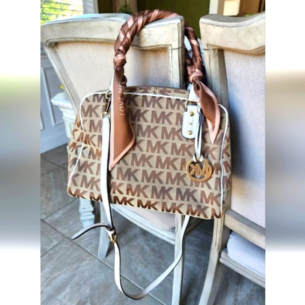 Michael Kors Brown Monogram Jacquard Satchel Crossbody Bag